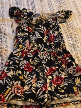 Girls Black Floral One-Piece Romper - Red & Cream Flowers